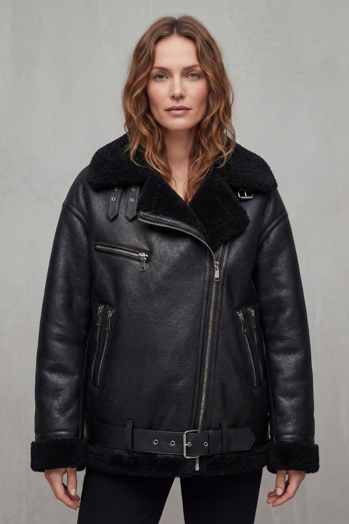 Women's Belted Shearling Aviator Jacket – Premium Warmth & Style