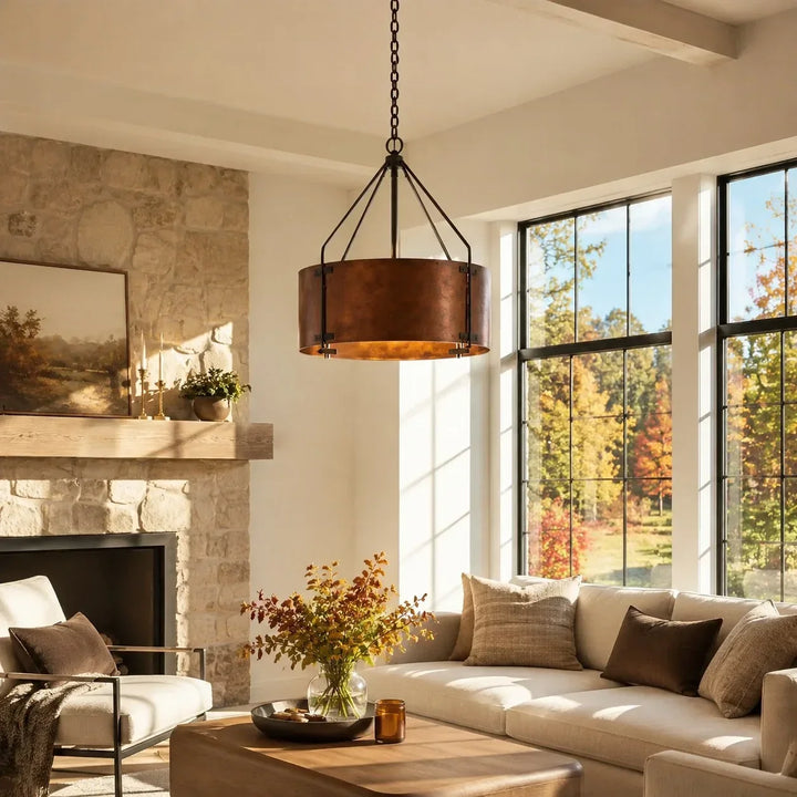 Rustic Bronze Industrial Drum Shade Pendant Light