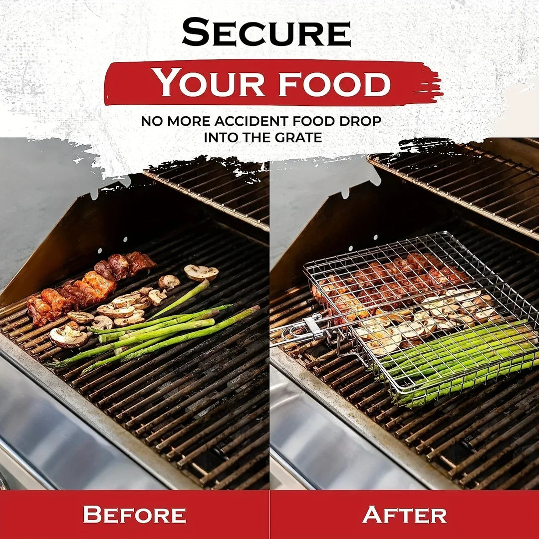 Premium Folding Stainless Steel Grill Basket with Non-Stick Coating and Heat-Resistant Handle