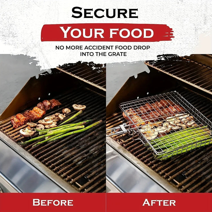 Premium Folding Stainless Steel Grill Basket with Non-Stick Coating and Heat-Resistant Handle