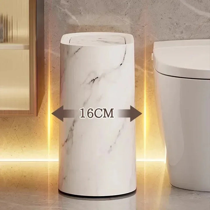 Scandinavian Marble Texture Push-Top Wastebasket – Compact Bathroom Trash Can