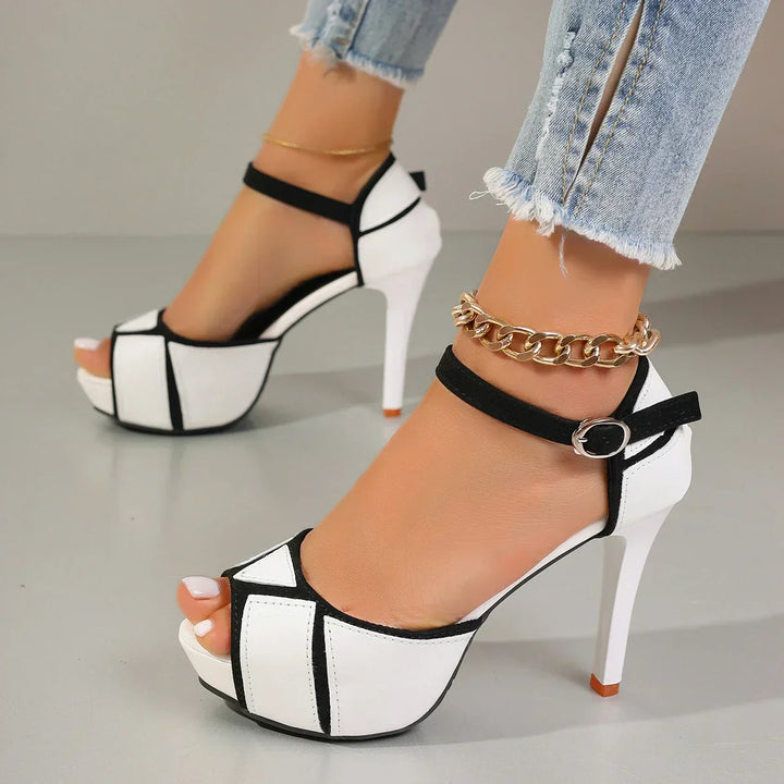 Abstract Pattern Leather Heel with Adjustable Ankle Strap