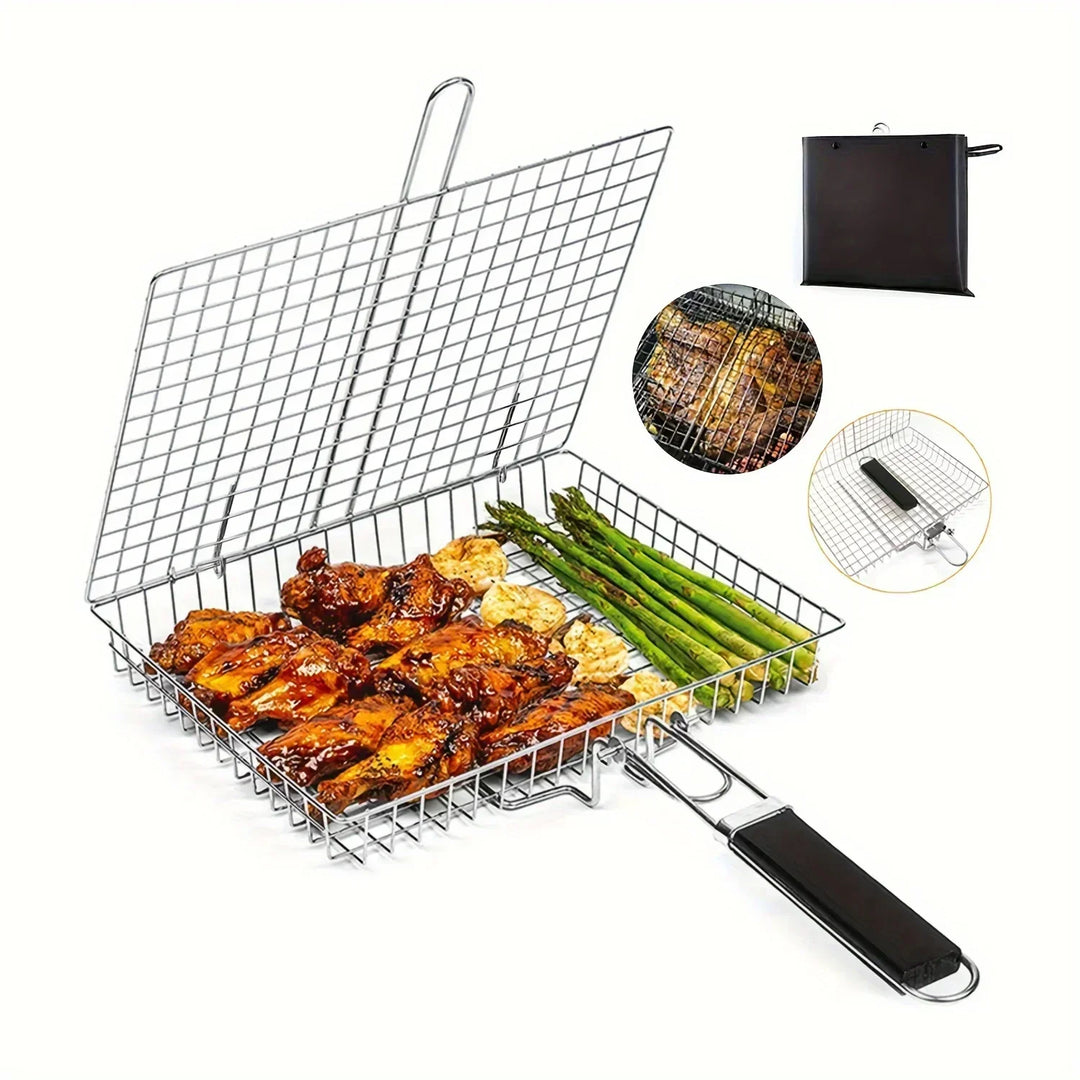Premium Folding Stainless Steel Grill Basket with Non-Stick Coating and Heat-Resistant Handle