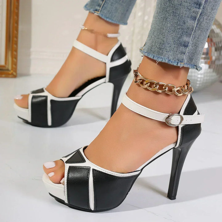 Abstract Pattern Leather Heel with Adjustable Ankle Strap