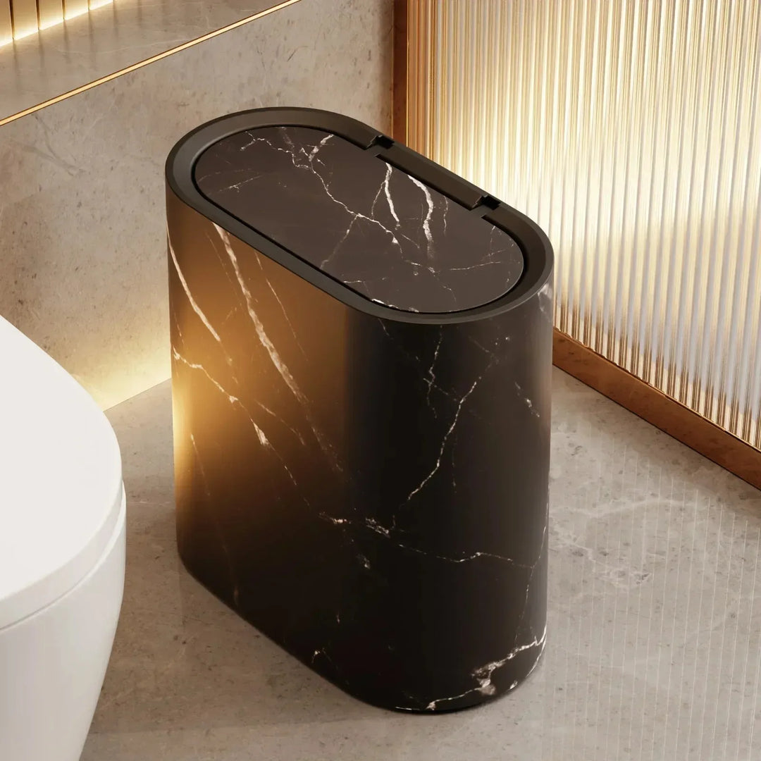 Scandinavian Marble Texture Push-Top Wastebasket – Compact Bathroom Trash Can
