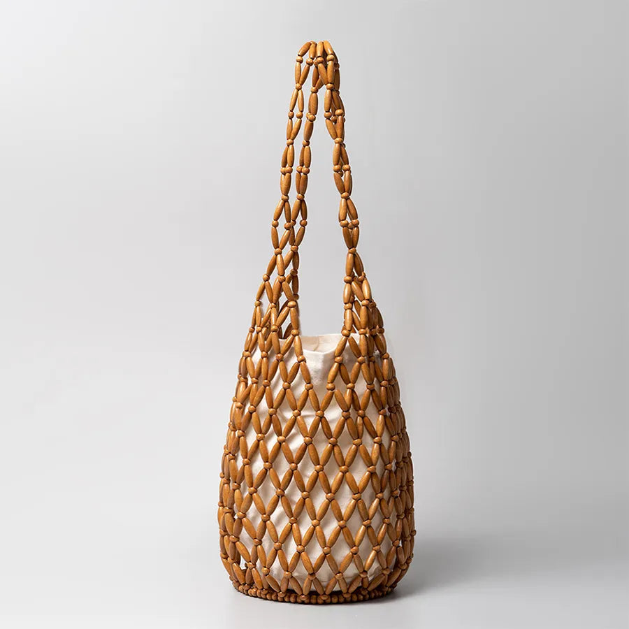 Kova – Wood Bead Woven Bucket Tote Bag for Women
