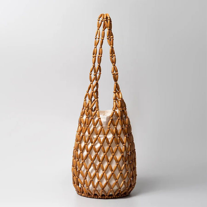Kova – Wood Bead Woven Bucket Tote Bag for Women