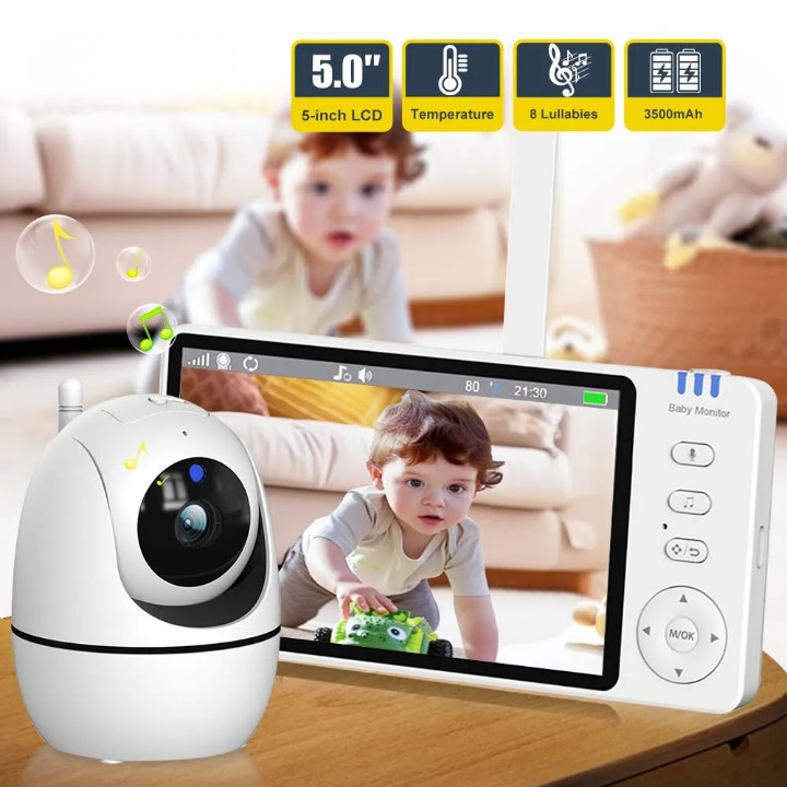 Premium 5-Inch HD Portable Baby Monitor with Pan-Tilt Camera and Night Vision