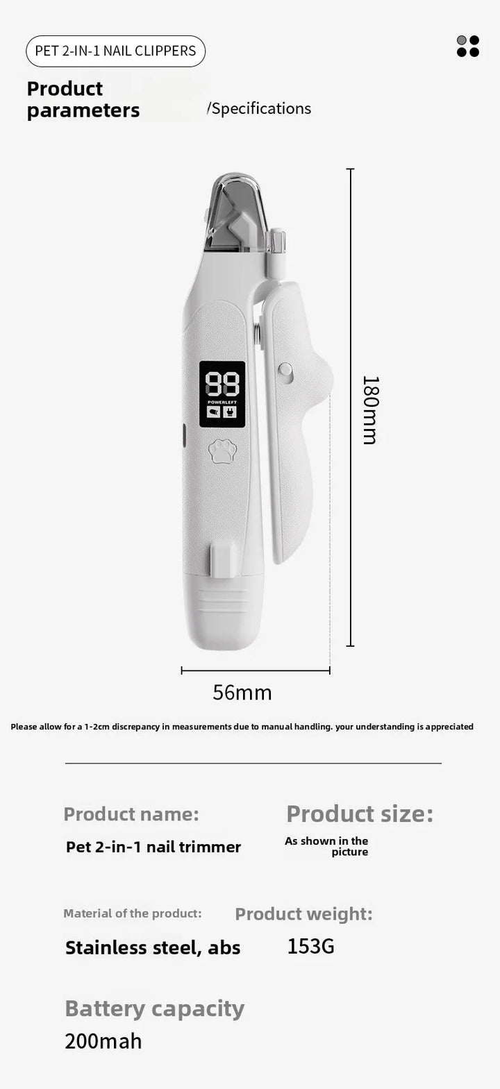 Dual-Function Pet Nail Care System with LED Safety Light – USB-C Rechargeable Clipper and Grinder