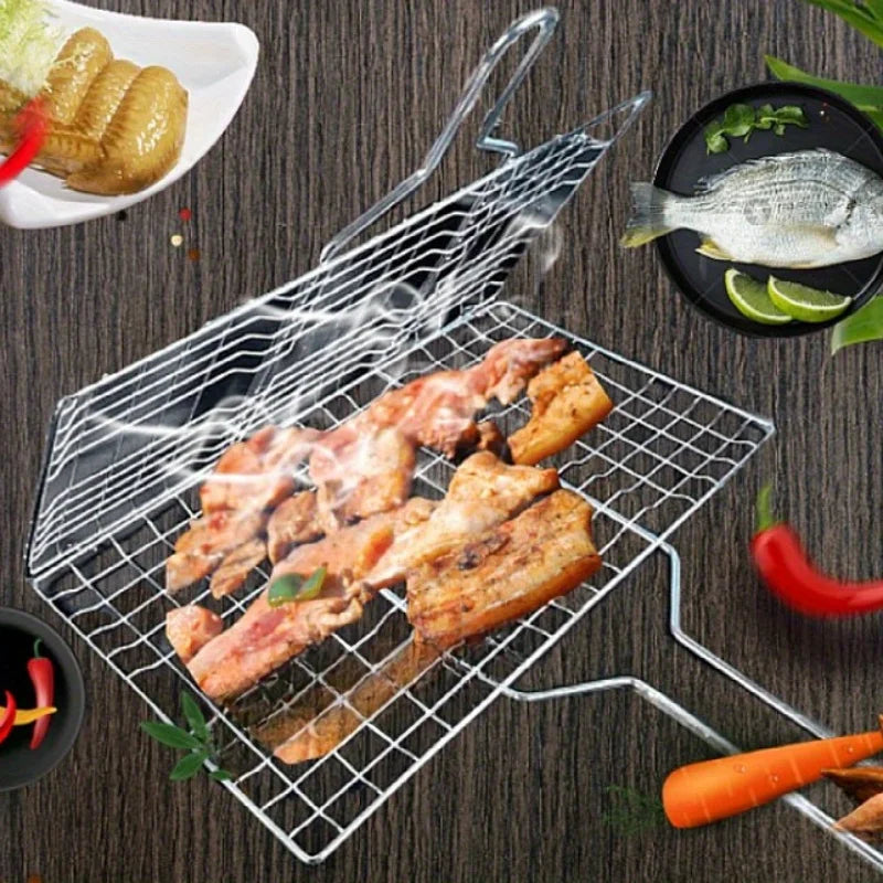 Premium Folding Stainless Steel Grill Basket with Non-Stick Coating and Heat-Resistant Handle