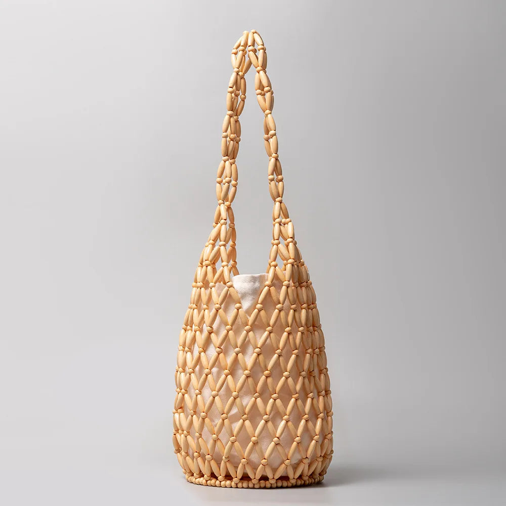 Kova – Wood Bead Woven Bucket Tote Bag for Women