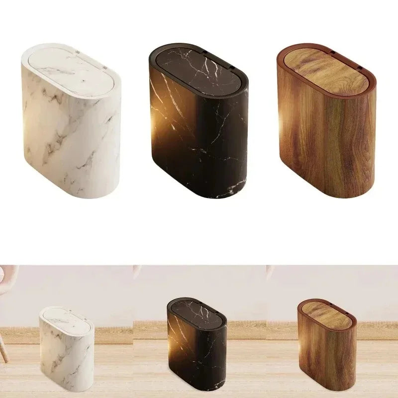Scandinavian Marble Texture Push-Top Wastebasket – Compact Bathroom Trash Can