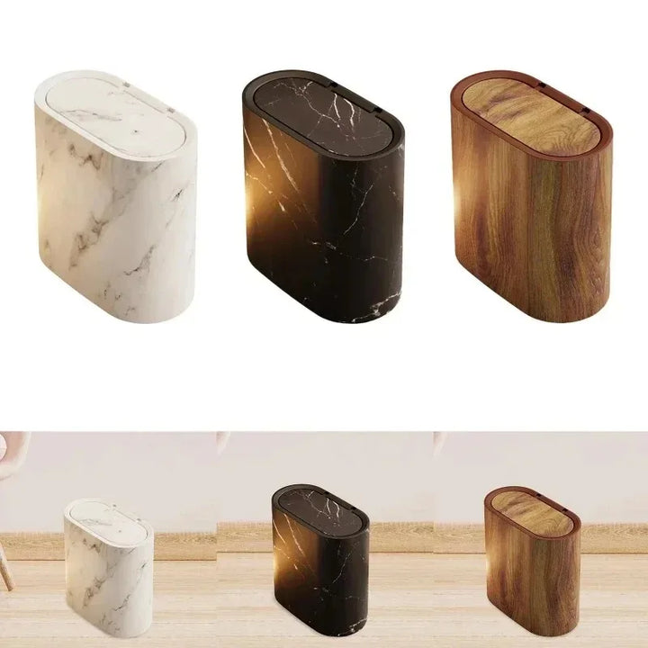 Scandinavian Marble Texture Push-Top Wastebasket – Compact Bathroom Trash Can