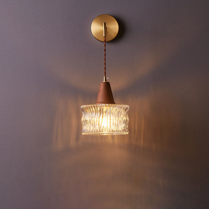 Traditional Japanese Walnut Glass Copper Cylinder 1-Light Wall Lamp