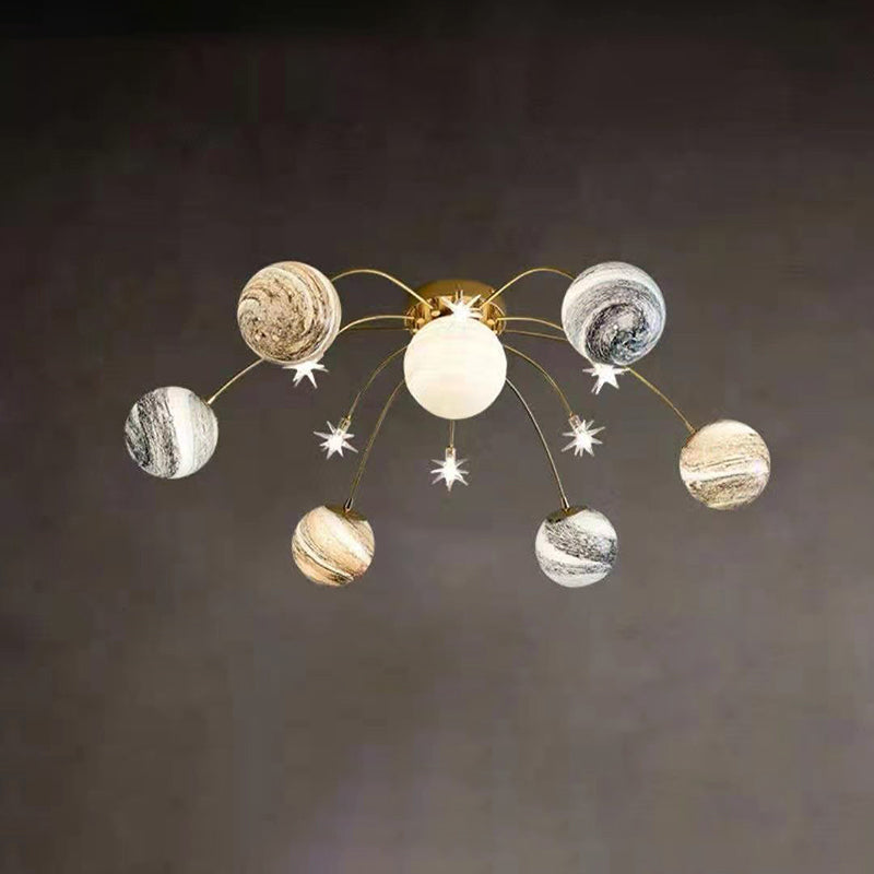 Contemporary Nordic Child Iron Glass Ball Earth Planet 13-Light Semi-Flush Mount Ceiling Lamp for Bedroom