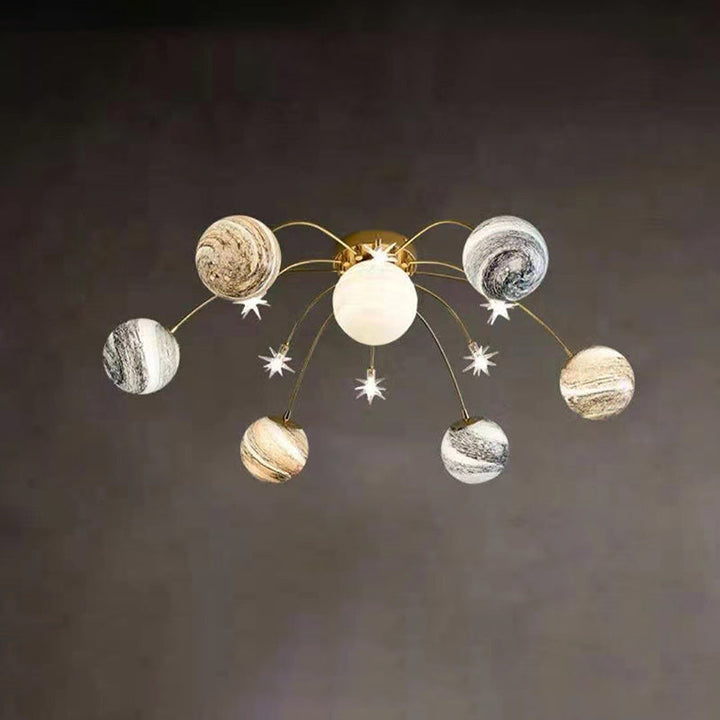 Contemporary Nordic Child Iron Glass Ball Earth Planet 13-Light Semi-Flush Mount Ceiling Lamp for Bedroom