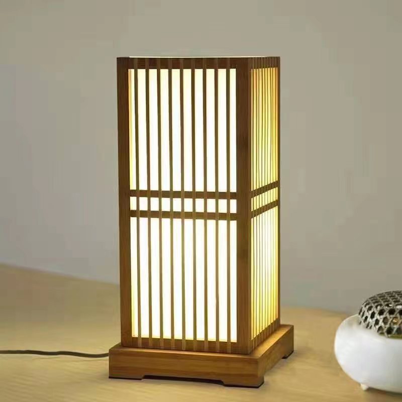 Traditional Japanese Square Bamboo Column Lamp 1-Light for Bedroom