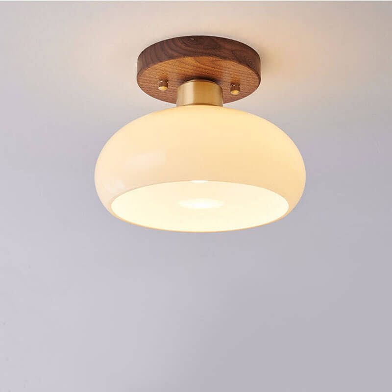 Creative Vintage Walnut Brass Round 1-Light Semi-Flush Mount Ceiling Lamp