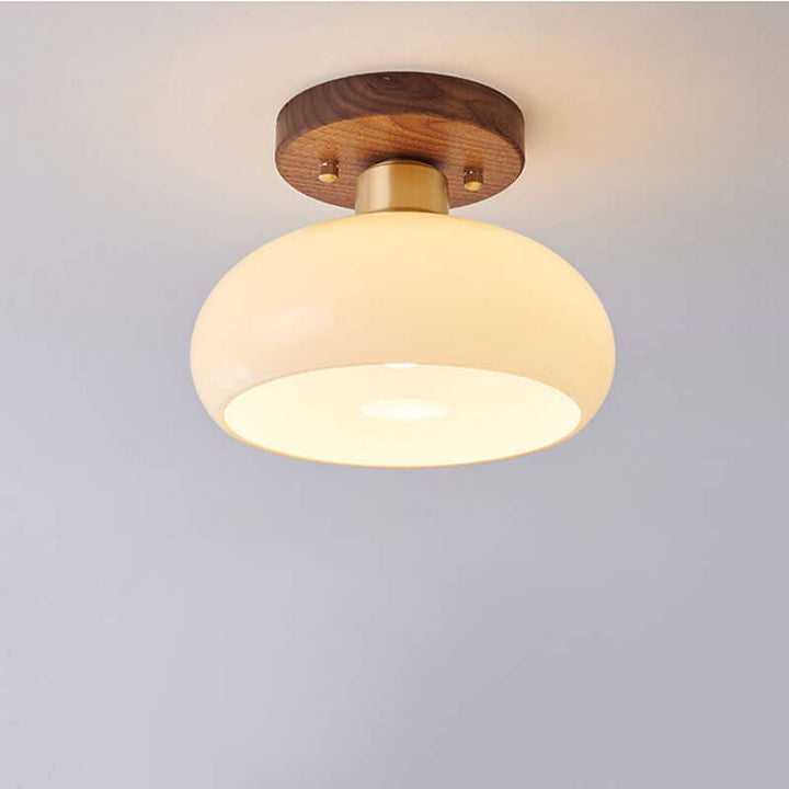 Creative Vintage Walnut Brass Round 1-Light Semi-Flush Mount Ceiling Lamp
