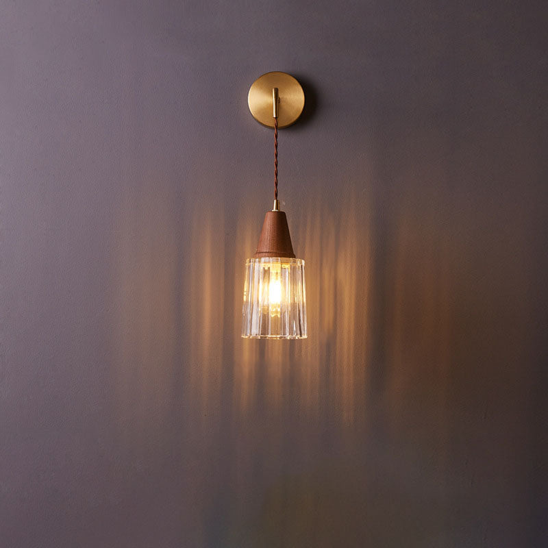 Traditional Japanese Walnut Glass Copper Cylinder 1-Light Wall Lamp