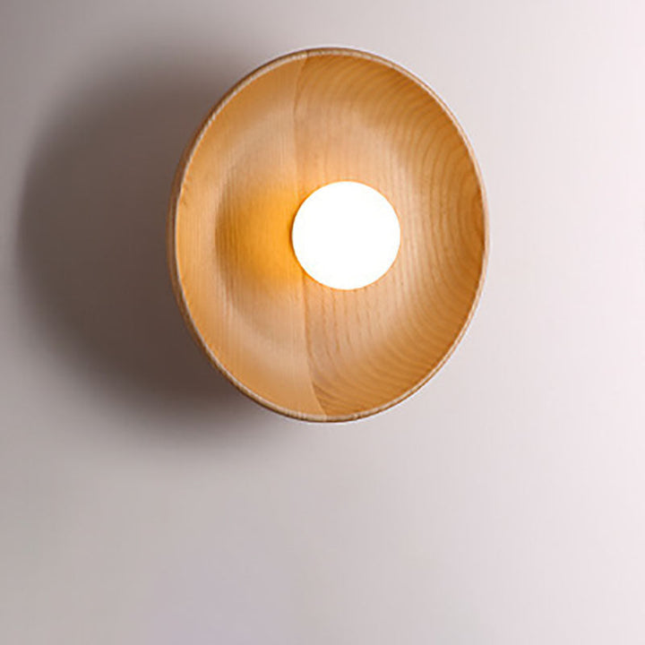 Modern Minimalist Round Disc Solid Wood 1-Light Wall Lamp