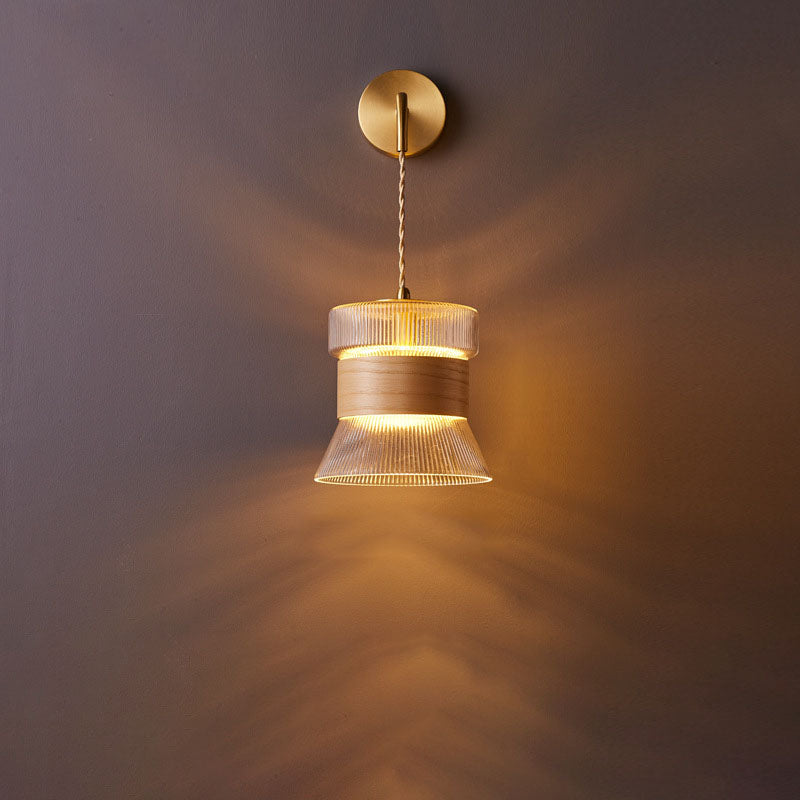 Traditional Japanese Walnut Glass Copper Cylinder 1-Light Wall Lamp