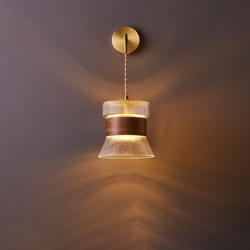 Traditional Japanese Walnut Glass Copper Cylinder 1-Light Wall Lamp