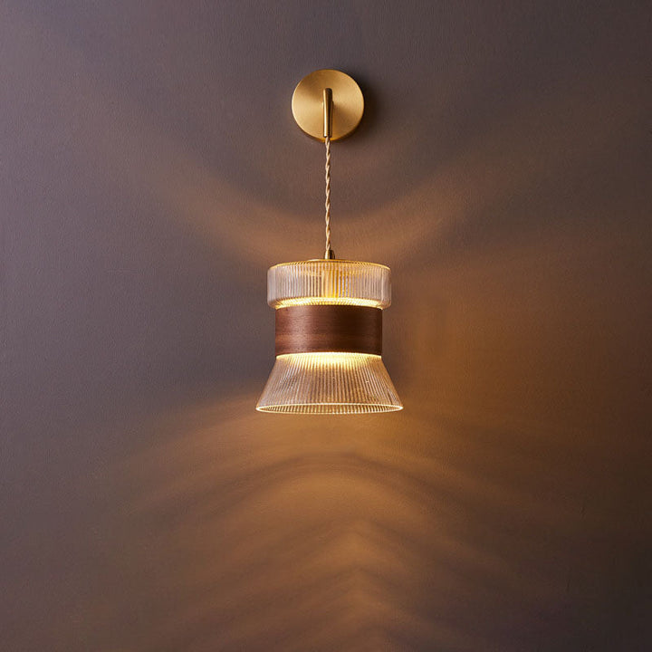 Traditional Japanese Walnut Glass Copper Cylinder 1-Light Wall Lamp