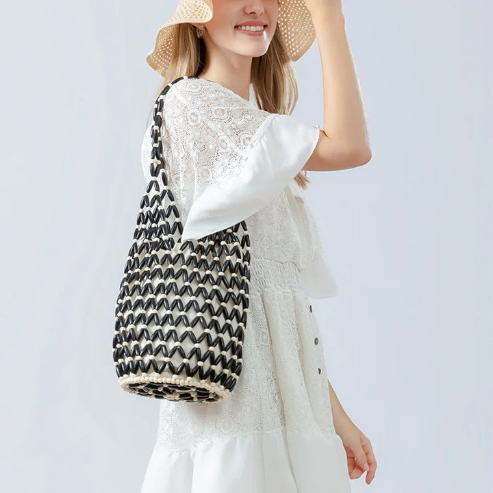 Kova – Wood Bead Woven Bucket Tote Bag for Women