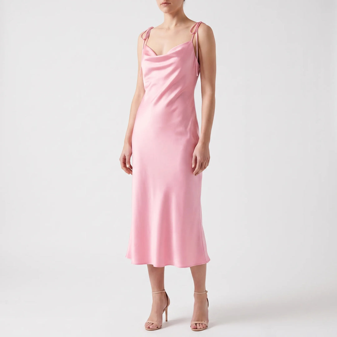 Draped Cowl Neck Satin Slip Dress in Pink