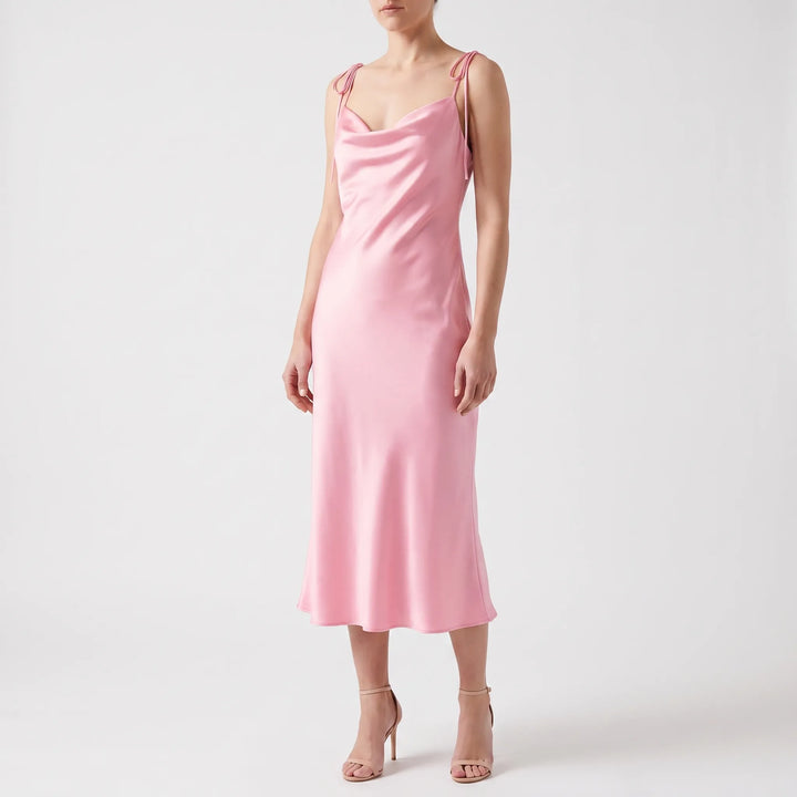 Draped Cowl Neck Satin Slip Dress in Pink