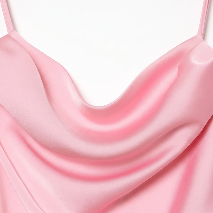 Draped Cowl Neck Satin Slip Dress in Pink