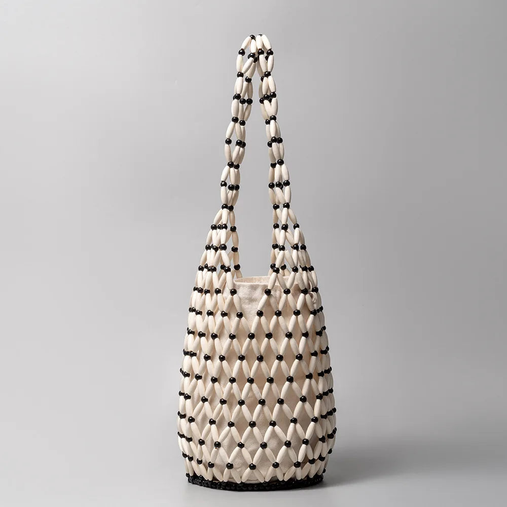 Kova – Wood Bead Woven Bucket Tote Bag for Women