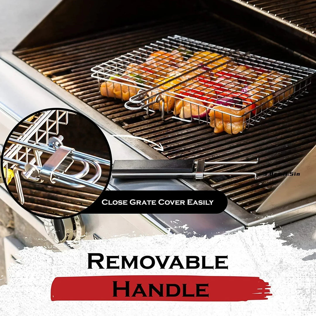 Premium Folding Stainless Steel Grill Basket with Non-Stick Coating and Heat-Resistant Handle