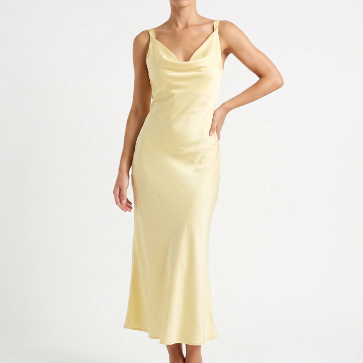 Elegant Open-Back Midi Dress - Sleeveless A-Line with Draped V-Neck