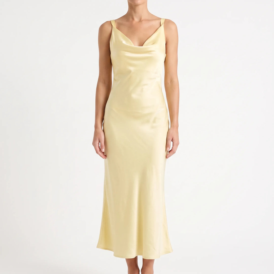Elegant Open-Back Midi Dress - Sleeveless A-Line with Draped V-Neck