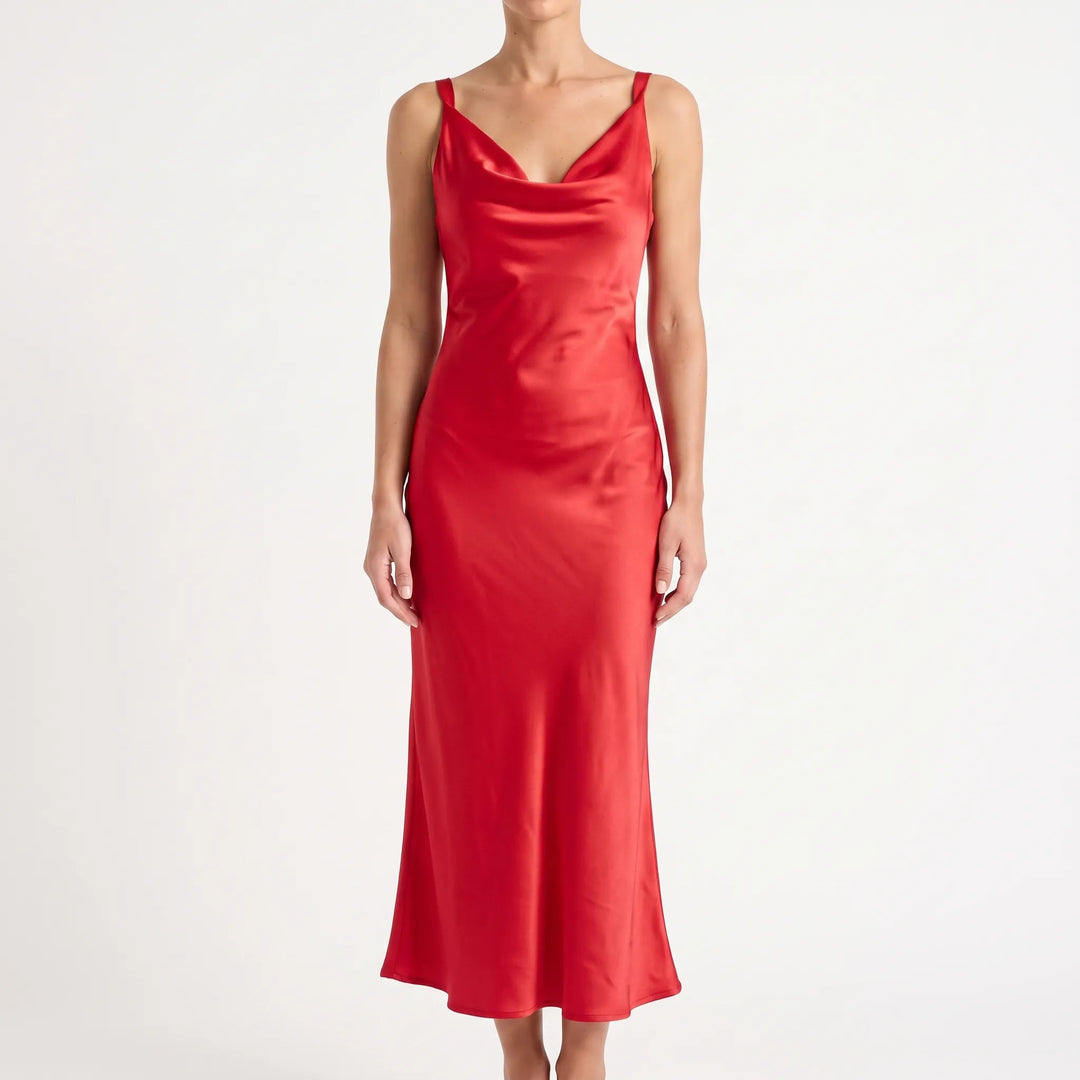Elegant Open-Back Midi Dress - Sleeveless A-Line with Draped V-Neck