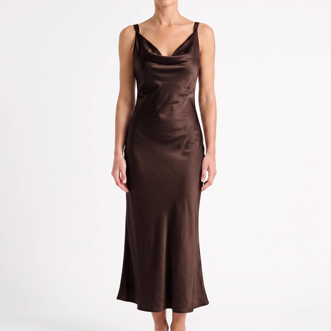 Elegant Open-Back Midi Dress - Sleeveless A-Line with Draped V-Neck