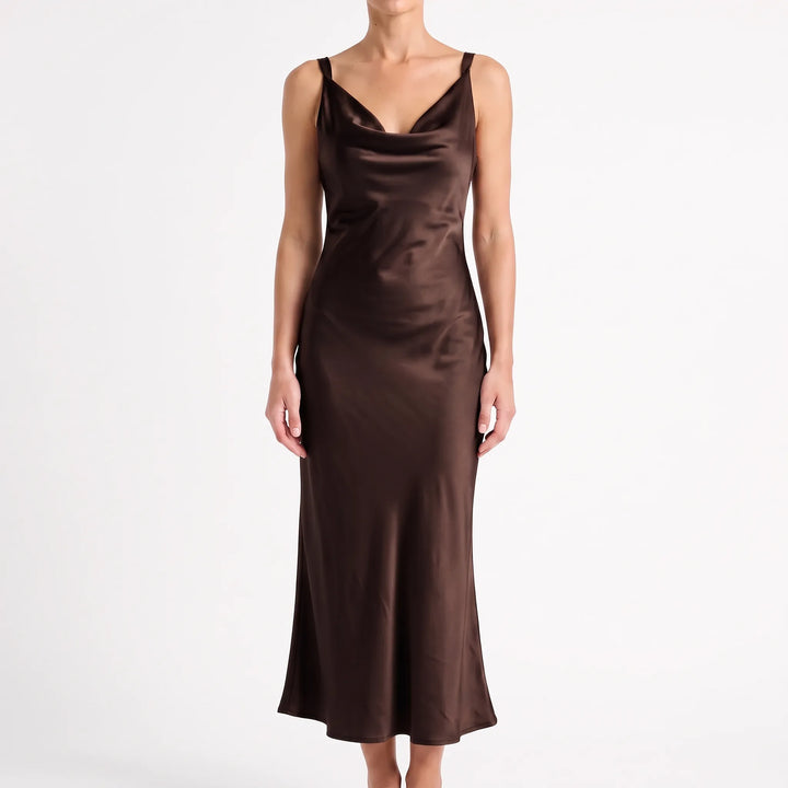 Elegant Open-Back Midi Dress - Sleeveless A-Line with Draped V-Neck