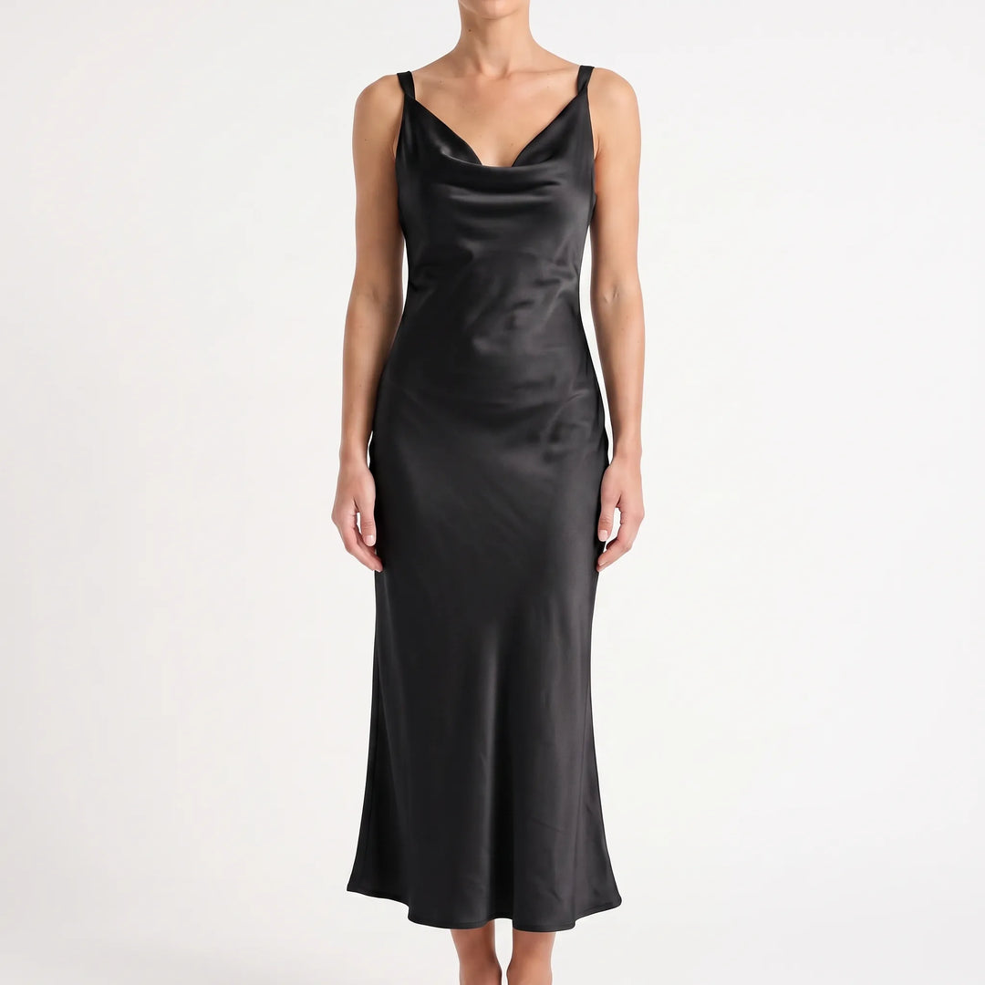 Elegant Open-Back Midi Dress - Sleeveless A-Line with Draped V-Neck