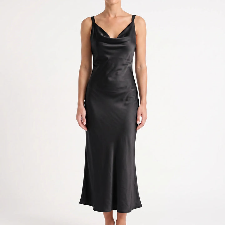 Elegant Open-Back Midi Dress - Sleeveless A-Line with Draped V-Neck