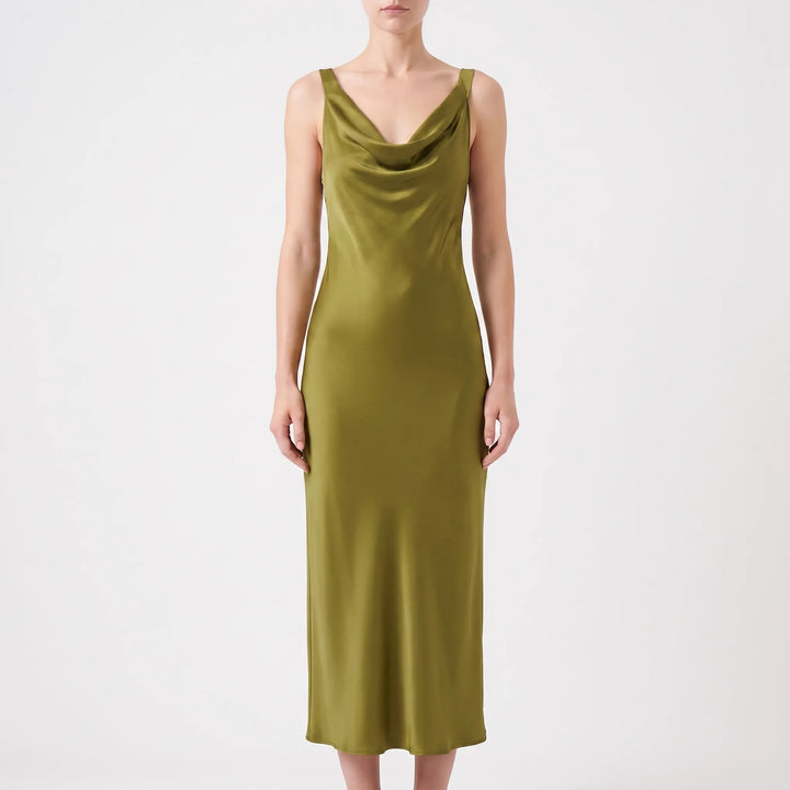 Elegant Open-Back Midi Dress - Sleeveless A-Line with Draped V-Neck