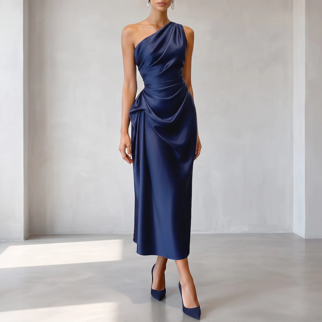 Asymmetric One-Shoulder Satin Evening Midi Dress - Formal Occasion