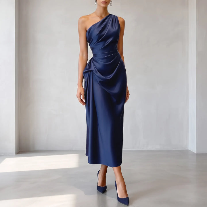 Asymmetric One-Shoulder Satin Evening Midi Dress - Formal Occasion