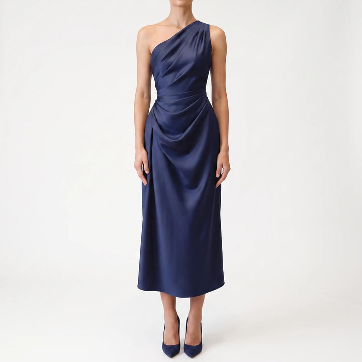 Asymmetric One-Shoulder Satin Evening Midi Dress - Formal Occasion