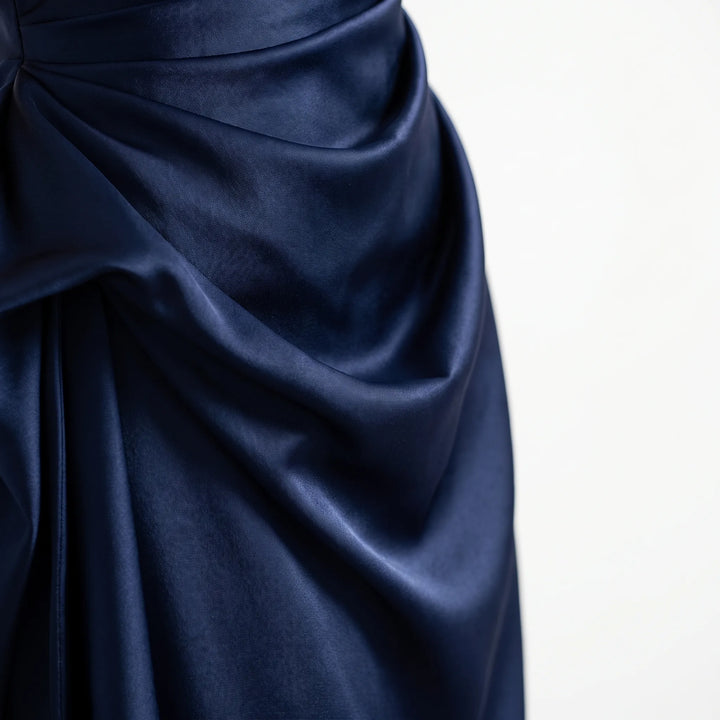 Asymmetric One-Shoulder Satin Evening Midi Dress - Formal Occasion