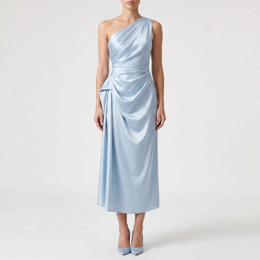 Asymmetric One-Shoulder Satin Evening Midi Dress - Formal Occasion