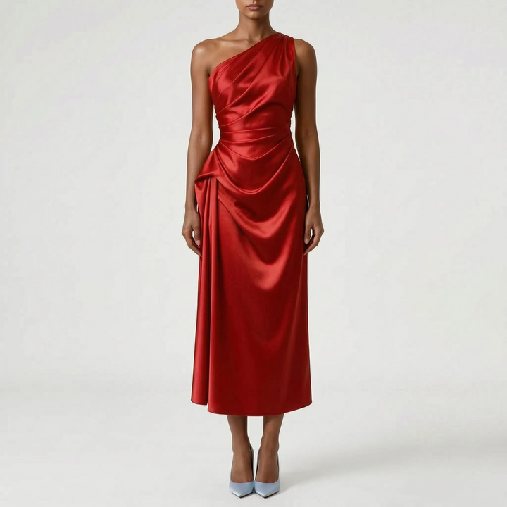 Asymmetric One-Shoulder Satin Evening Midi Dress - Formal Occasion
