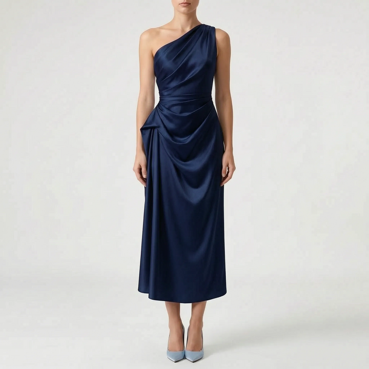 Asymmetric One-Shoulder Satin Evening Midi Dress - Formal Occasion