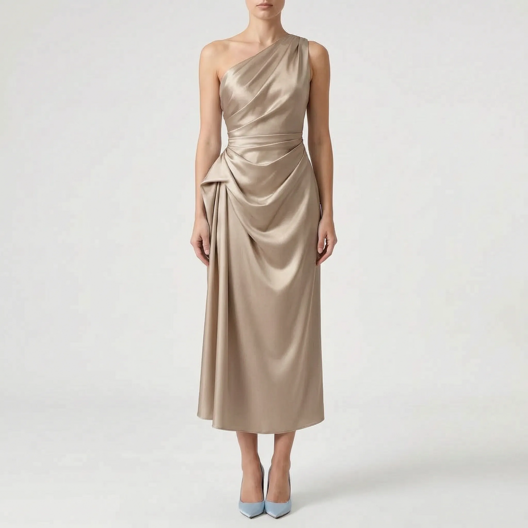 Asymmetric One-Shoulder Satin Evening Midi Dress - Formal Occasion